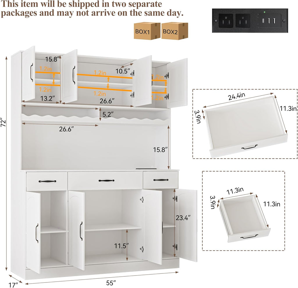 72" Tall Kitchen Pantry Cabinet with Charging Station 55" Wide Kitchen Hutch Cabinet with LED Light and Countertop Large Kitchen Pantry Storage Cabinet With Adjustable Shelves and Wine Rack