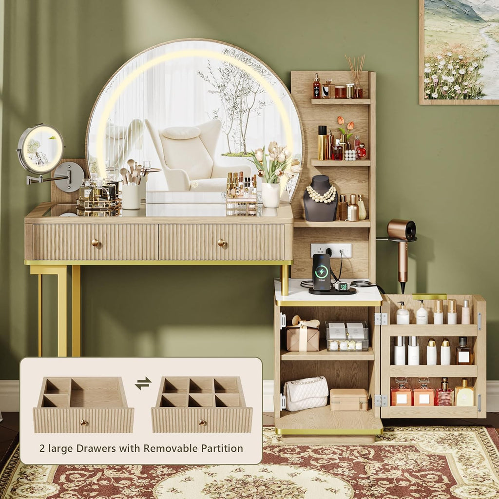 Vanity Desk w/5x Magnifying Mirror, Fluted Makeup Vanity w/Mirror and Lights, Glass Top Vanity, Dressing Table w/Power Outlet & Drawers, Adjustable Shelves for Bedroom, Women & Girls, Natural