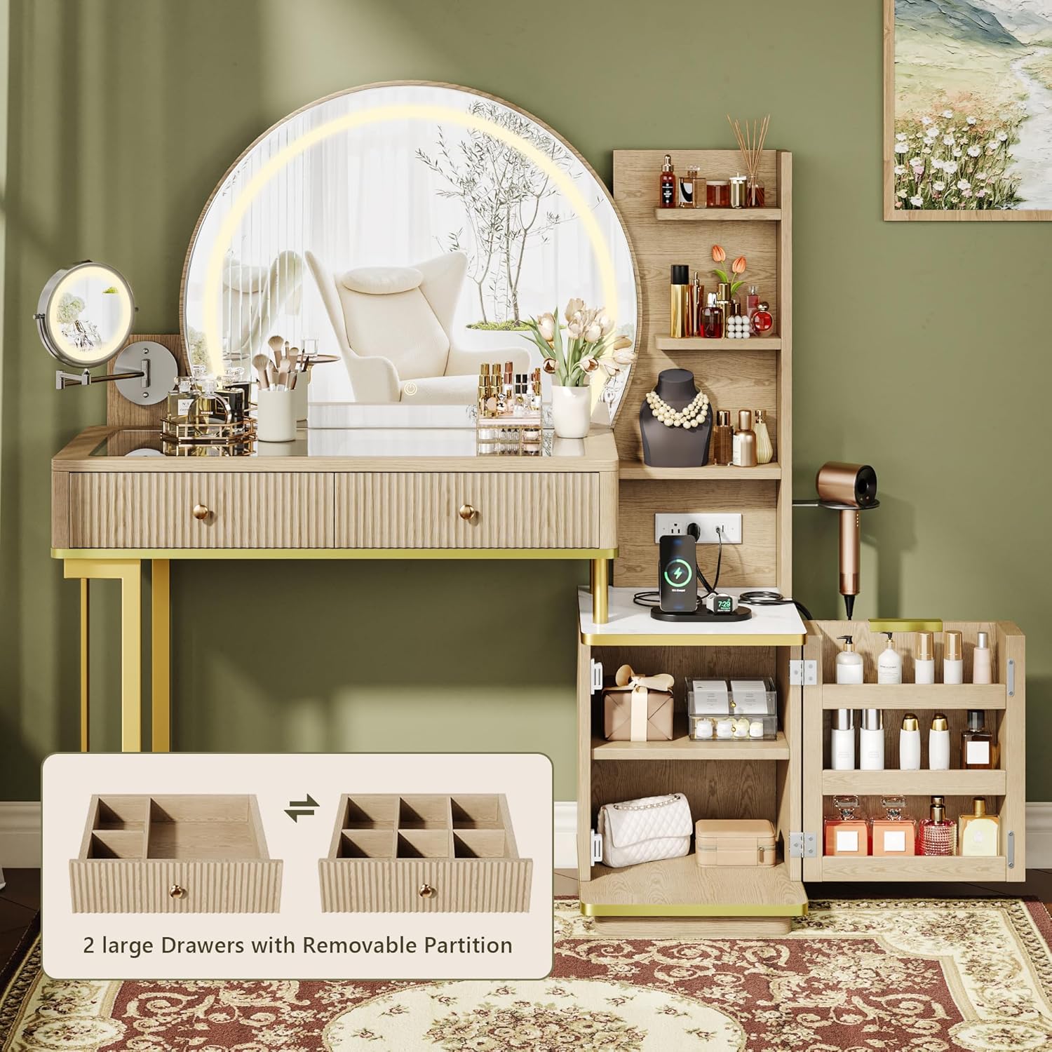 Vanity Desk w/5x Magnifying Mirror, Fluted Makeup Vanity w/Mirror and Lights, Glass Top Vanity, Dressing Table w/Power Outlet & Drawers, Adjustable Shelves for Bedroom, Women & Girls, Natural