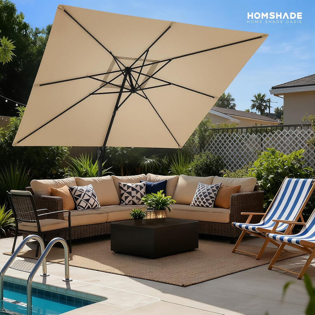 HOMSHADE 10x10 FT Cantilever Patio Umbrella Outdoor with Base- Large Offset Heavy-Duty Aluminum Umbrella with 360° Rotation, 6 Tilts, Windproof, 3-Year Fade Resistance for Pool Deck, Square, Beige