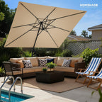 HOMSHADE 10x10 FT Cantilever Patio Umbrella Outdoor with Base- Large Offset Heavy-Duty Aluminum Umbrella with 360° Rotation, 6 Tilts, Windproof, 3-Year Fade Resistance for Pool Deck, Square, Beige