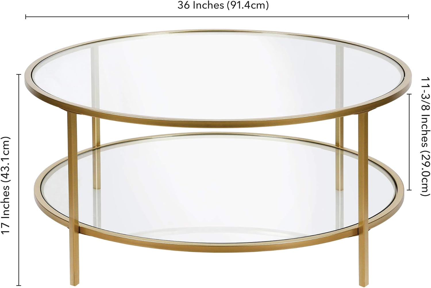 Henn&Hart 36" Wide Round Coffee Table with Glass Top in Brass, Round Coffee Table for living room, studio apartment essentials