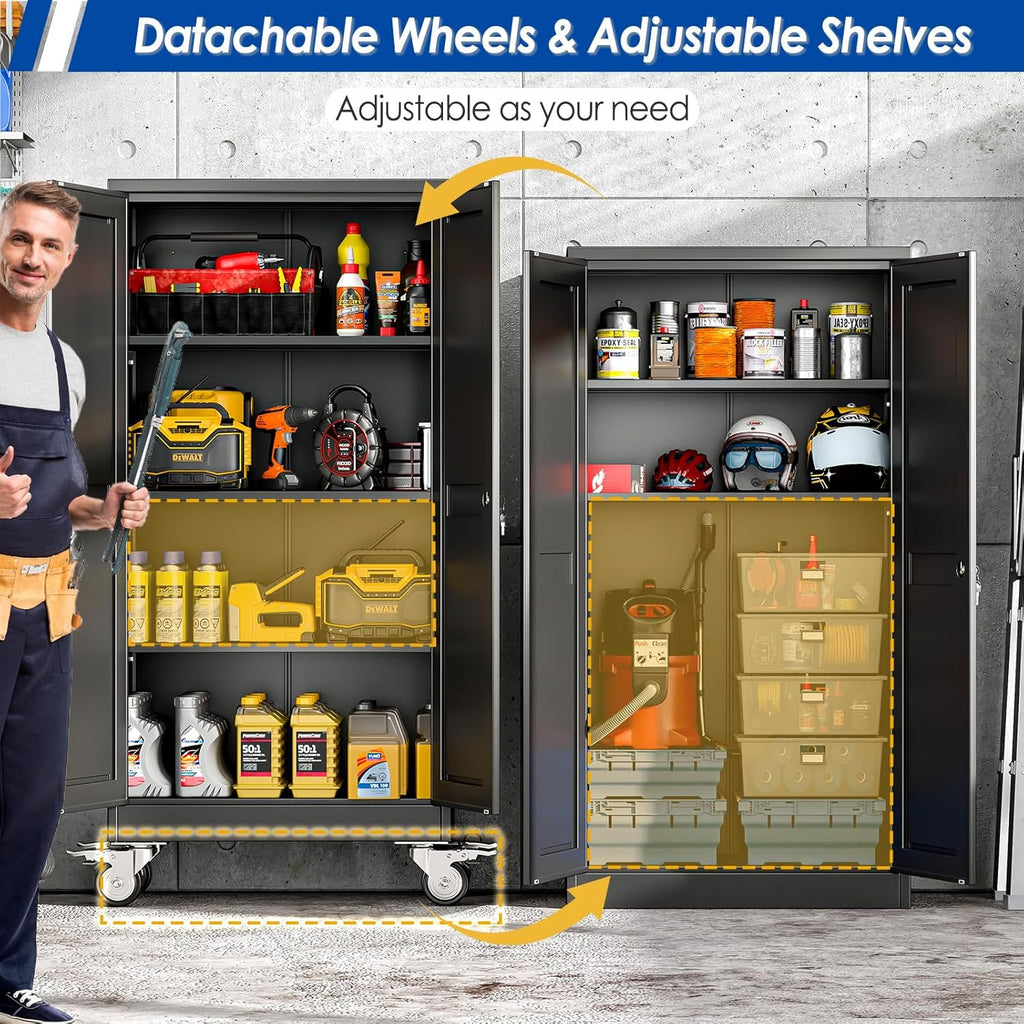 GAIOUS Metal Garage Storage Cabinet with Lock, 61” Tall Lockable File Cabinet with Wheels, Steel Tool Cabinet with 2 Door and 3 Adjustable Shelves, Rolling Cabinet for Home Office Garage Gym - Black