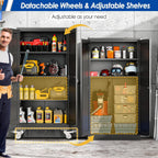 GAIOUS Metal Garage Storage Cabinet with Lock, 61” Tall Lockable File Cabinet with Wheels, Steel Tool Cabinet with 2 Door and 3 Adjustable Shelves, Rolling Cabinet for Home Office Garage Gym - Black