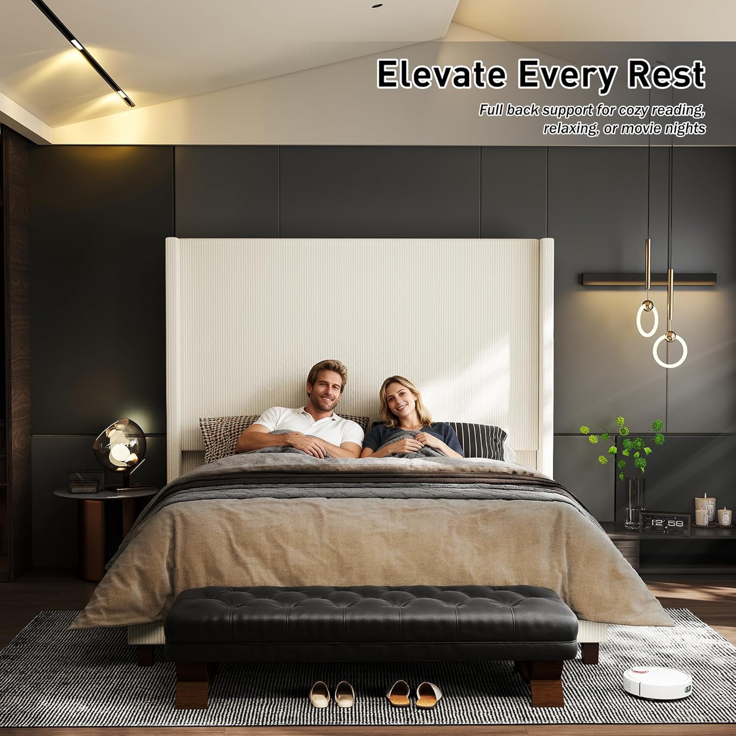 King Size 65.2" Upholstered Bed Frame with USB Charging Station,Soft Washable Corduroy Cover with Wingback Headboard, Solid Wood Legs/Noise-Free/No Box Spring Needed/Beige