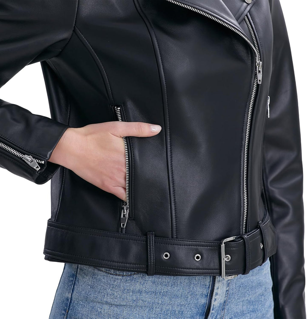 SILVER FASHIONS Lambskin Leather Jacket Women,Motorcycle Jacket,Classic Asymmetrical Zip Style,Buckle Belts,Multiple Pockets