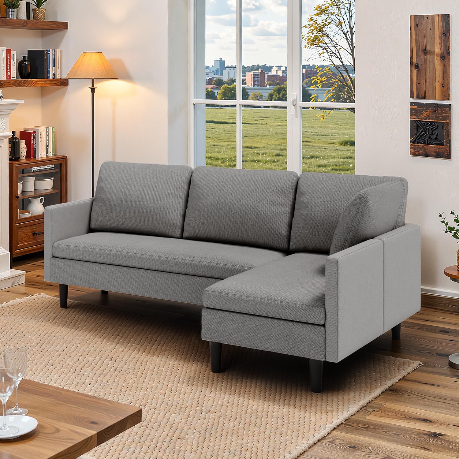 Gizoon Convertible Sectional Sofa, Convertible to L-Shaped Sofa, Linear and Sofa Bed, with Comfortable and Soft Fabric, Four Pillows, for Living Room, Apartment and Office, Light Gray