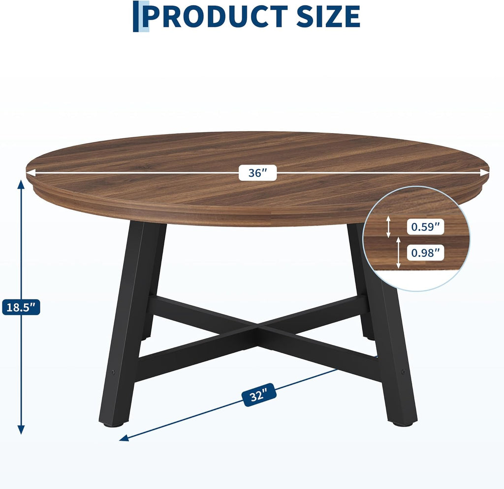 GarveeHome Round Coffee Table 36" Center Table,Large Coffee Table Industrial Accent Tables with Adjustable Feet, Living Room Tables with Thickened Legs and Designed Wood Grain, Easy Assemble