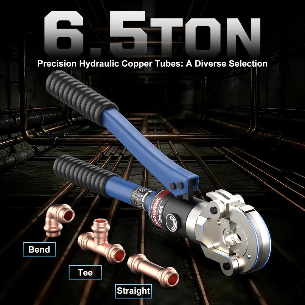 SWANSOFT Hydraulic Copper Pipe Crimping Tool with Interchangeable 1/2", 3/4", 1" Dies – Compact Pro Press Tool for Copper Tube Tight Spaces and Tee Fittings