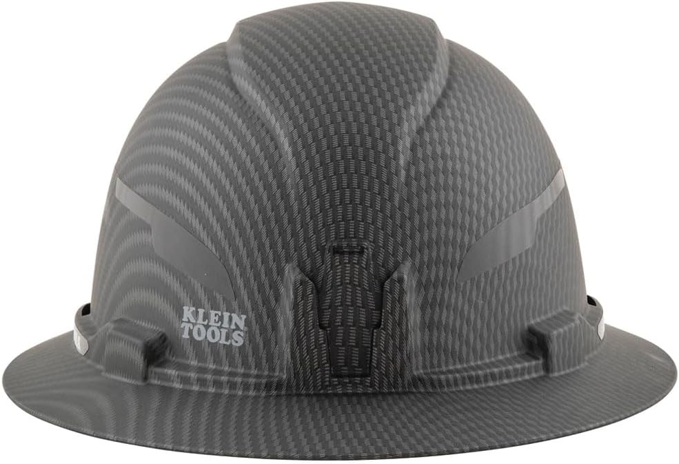 Klein Tools 60346 Hard Hat, Non-Vented Full Brim, Class E, Premium KARBN Pattern, Rechargeable Lamp, Padded Sweat-Wicking Sweatband, Top Pad