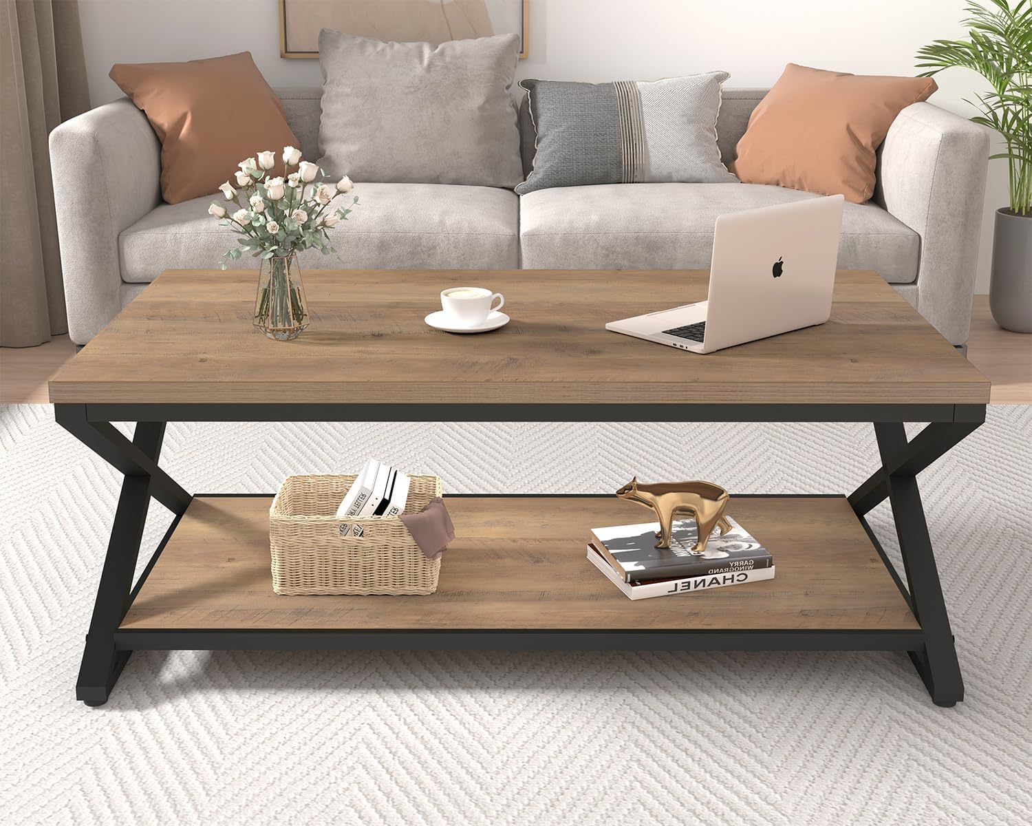 HSH Rustic Wood Coffee Table, Modern Farmhouse Living Room Table, Minimalist Center Table with Storage & Display Shelf, 2 Tier Simple Rectangle Cocktail Tea Table for Home Office Bedroom, 47 Inch