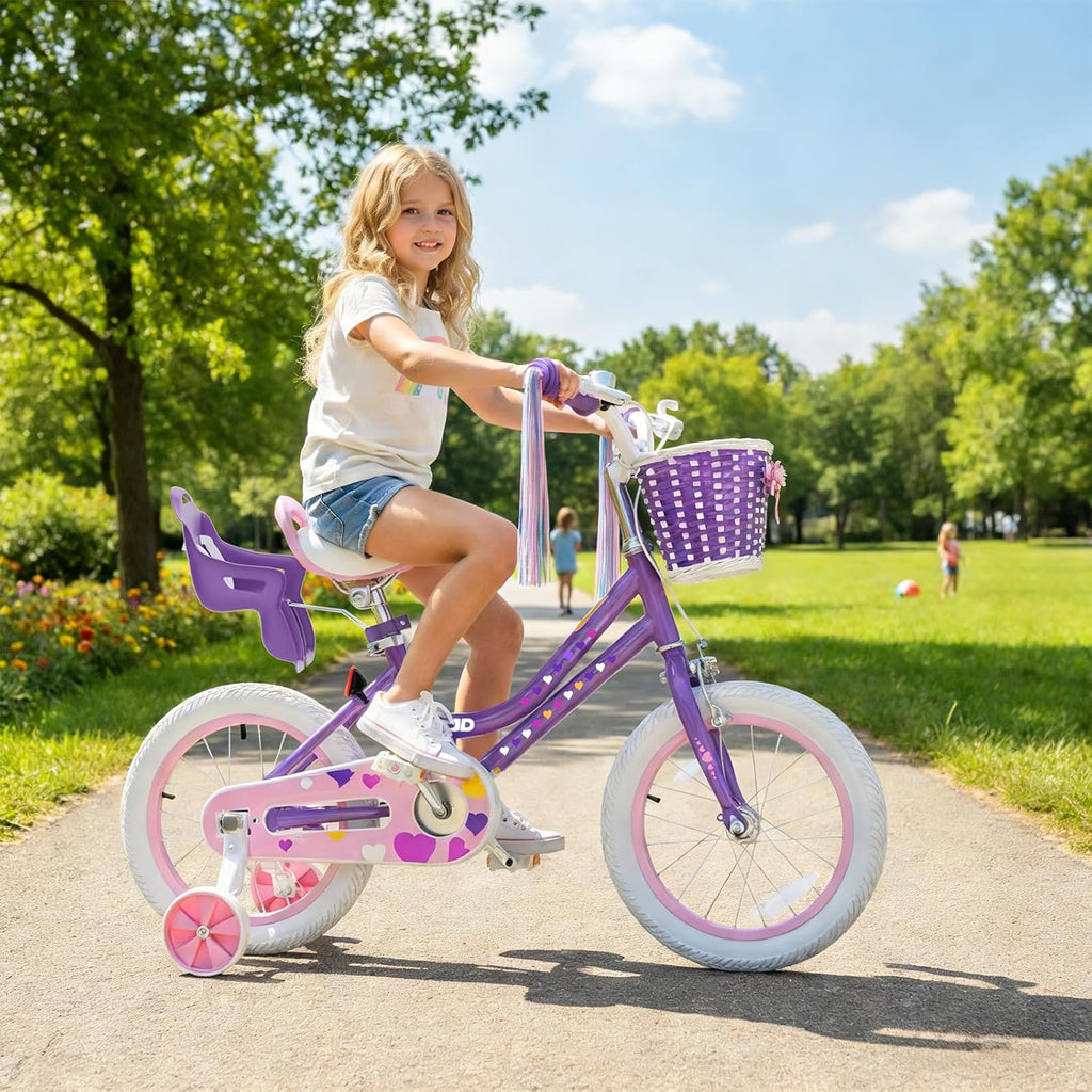 XJD Girls Bike for Toddlers 3-9 Years Old Kids, 12 14 16 Inch Kids Bike with Training Wheels, Streamers, Basket and Doll Seat