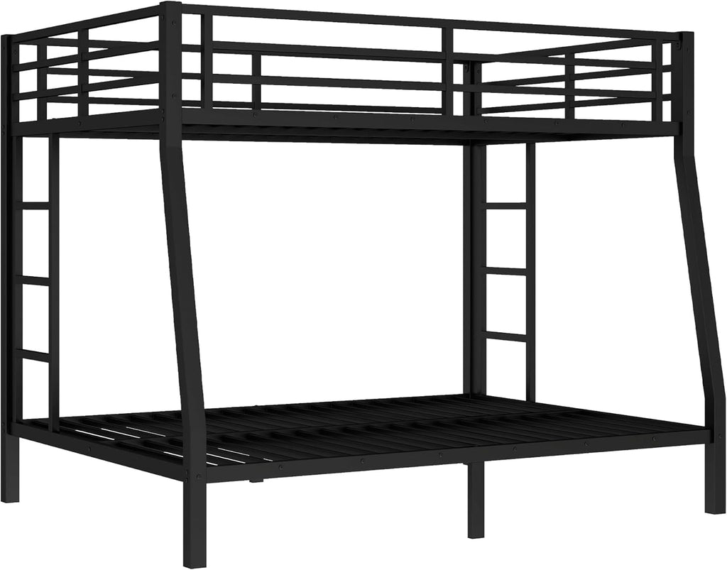 Bellemave Metal Full XL Over Queen Bunk Bed, Heavy-Duty Bunkbed Frame with Guardrails & 2 Ladders, Noise-Free, 9.8" Under-Bed Storage Full Over Queen bunk Bed, No Box Spring Needed, Black