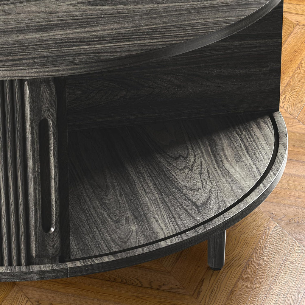 Round Coffee Table, 31.5" Fluted Center Table with Storage, Lift-Top Coffee Table with Adjustable Footpads, Sliding Door, Mid-Century Modern Center Table for Living Room, Small Space (Grey)