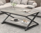 HSH Rustic Grey Coffee Table, Modern Minimalist Living Room Table with Storage Shelf, Industrial Simple Metal Wooden Center Table, 2 Tier Rectangle Cocktail Tea Table for Home Office Bedroom, 39 Inch