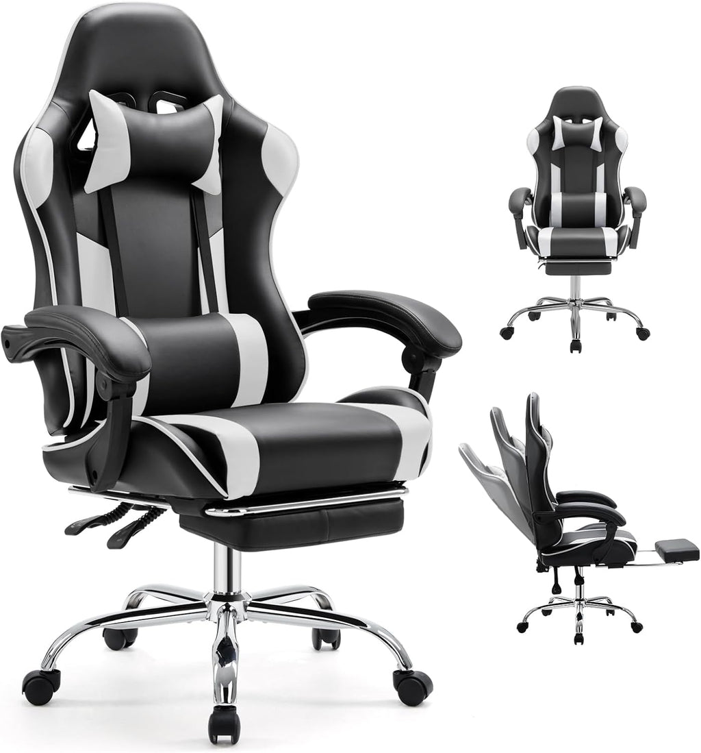 DUMOS Ergonomic Gaming Office Desk Chair with Footrest, Height Adjustable 360° Swivel Computer Video Game Chair with Headrest and Lumbar Support, Black White