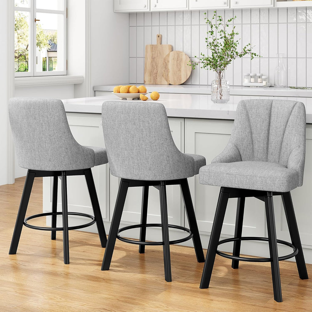 Bar Stools with Backs, 24" Counter Height Bar Stools, Fabric Upholstered Counter Barstools Set of 4 with Solid Wood Legs for Kitchen Island, Home Bar, Light Gray