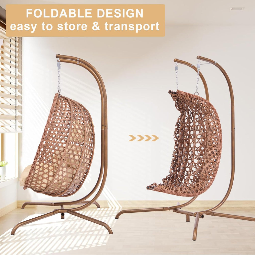 Double Swing Egg Chair with Stand, Hexagon Rattan Wicker Swing Chair Outdoor, Large 2 Person Patio Hanging Chair with Foldable Loveseat Removable Cushions (Beige)