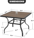 NUU GARDEN Outdoor 37” Square Metal Dining Table, Patio Dining Table with Umbrella Hole, Powder-Coated Metal Table with Faux Wood Tabletop, for Patio, Garden, Backyard and Balcony, Black