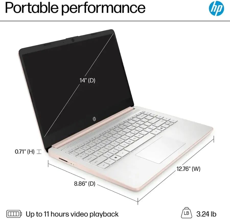 HP 14" Business Laptop Computer with Microsoft Office 365  4-Core Intel Processor  128GB UFS + 1TB Cloud Storage  8GB RAM  Windows 11  SageNova Earphones  Pale Rose Gold