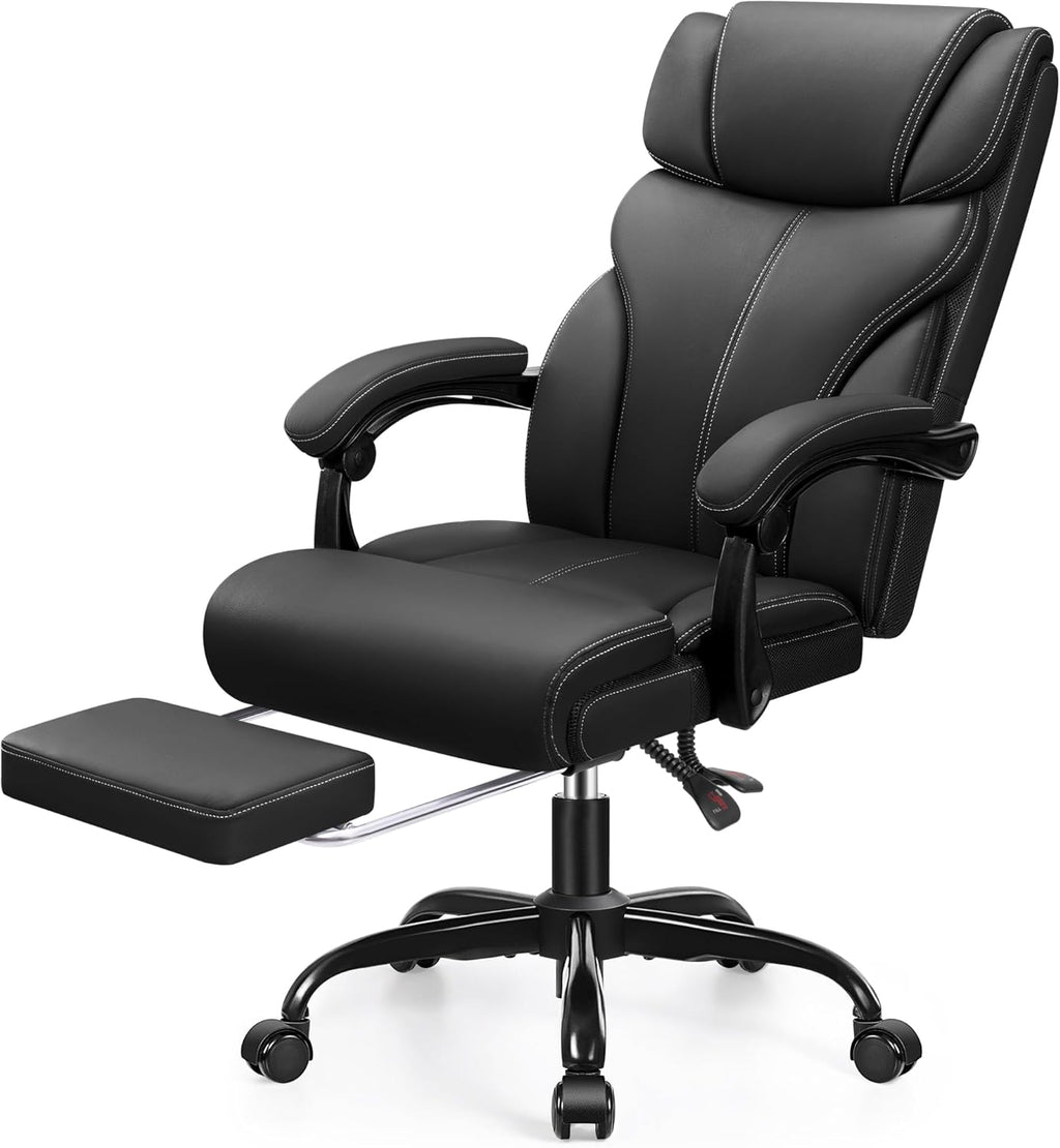 Office Chair, Executive Big and Tall Leather Desk Chairs with Footrest, Ergonomic Breathable Computer Chair with Adjustable High Back, Lumbar Support Swivel PC Chairs with Rocking Function