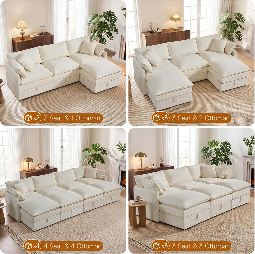 Modular Sofa with Storage, 135" U Shape Sectional Cloud Couch, Comfy Fabric Couch with Movable Ottoman, 6 Seat Modern Deep Seat Sofa for Living Room (Beige Chenille)