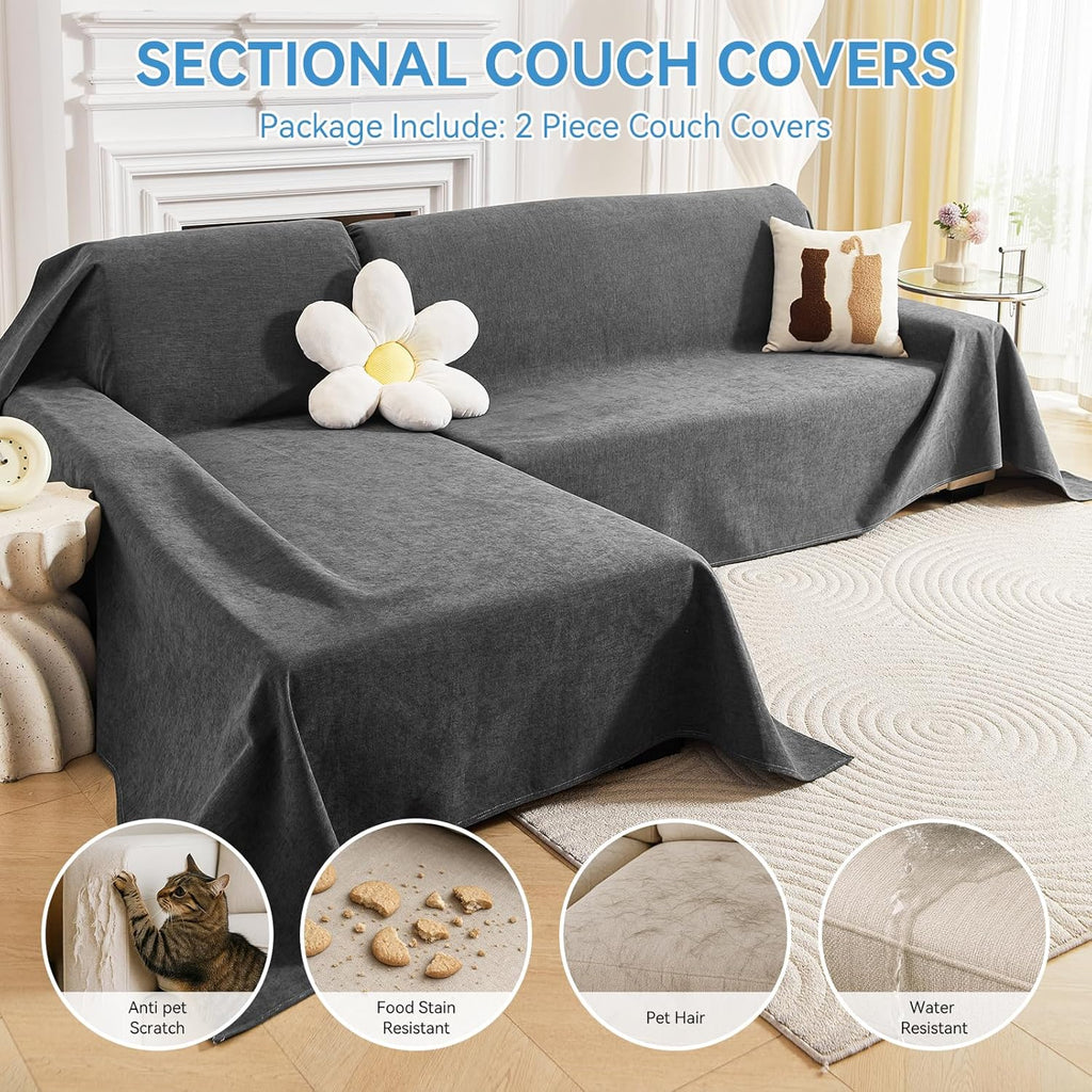 Deep Dream Sectional Couch Covers, 2 Pieces 100% Waterproof L Shaped Sofa Cover, Non Slip Couch Cover for Dogs Cats Washable, Pet Friendly Sofa Slipcovers Furniture Protector (XX-Large, Dark Grey)