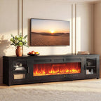 MXV 90" Fireplace TV Stand, Modern Entertainment Center with 60 Inch Electric Fireplace, Adjustable Shelf & Glass Door, Fire Place TV Console for Living Room, Black