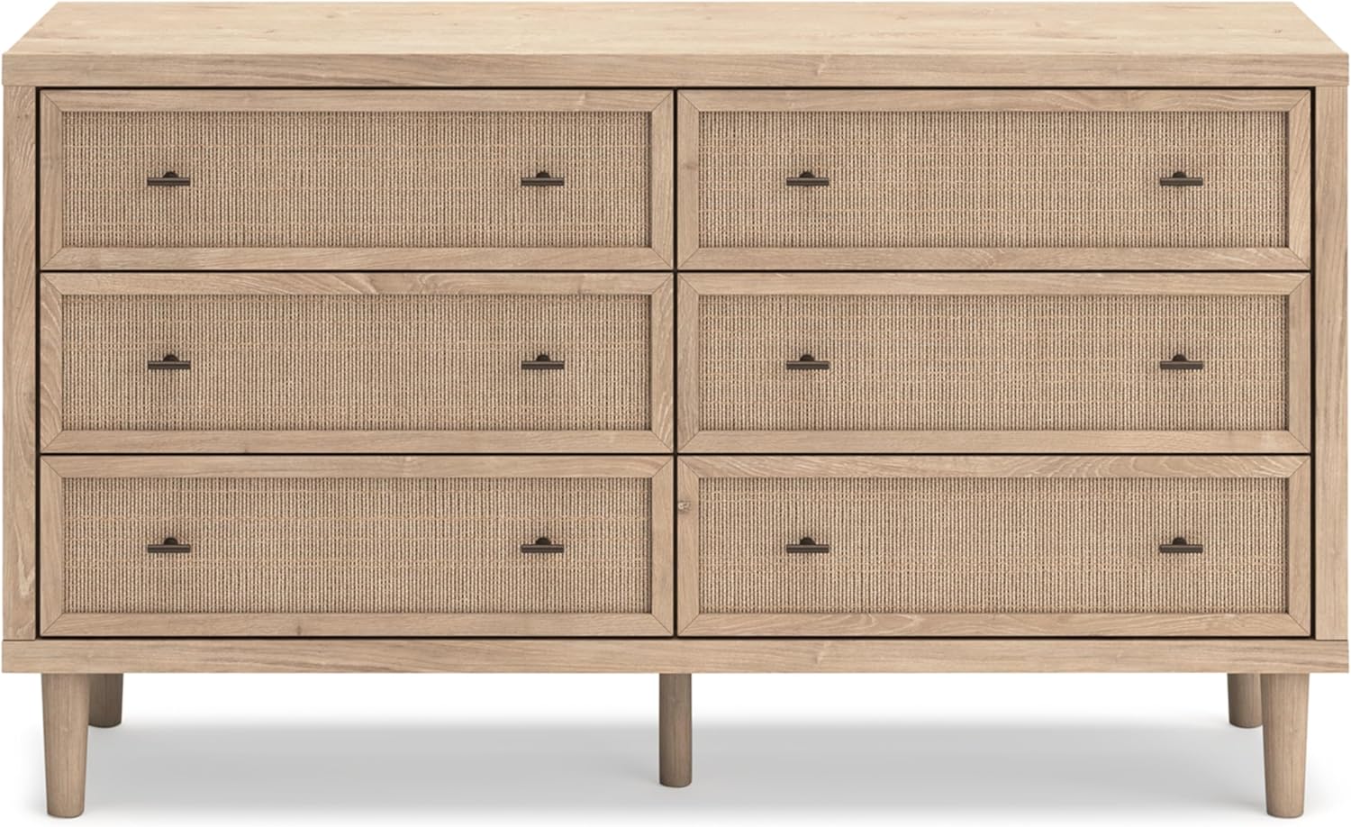 Signature Design by Ashley Cielden Coastal 6-Drawer Dresser, Bronze-Tone Knobs, Safety Stop, Textured Cane Details, 62.01" W x 19.65" D x 35.67" H, Light Brown