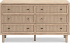 Signature Design by Ashley Cielden Coastal 6-Drawer Dresser, Bronze-Tone Knobs, Safety Stop, Textured Cane Details, 62.01" W x 19.65" D x 35.67" H, Light Brown