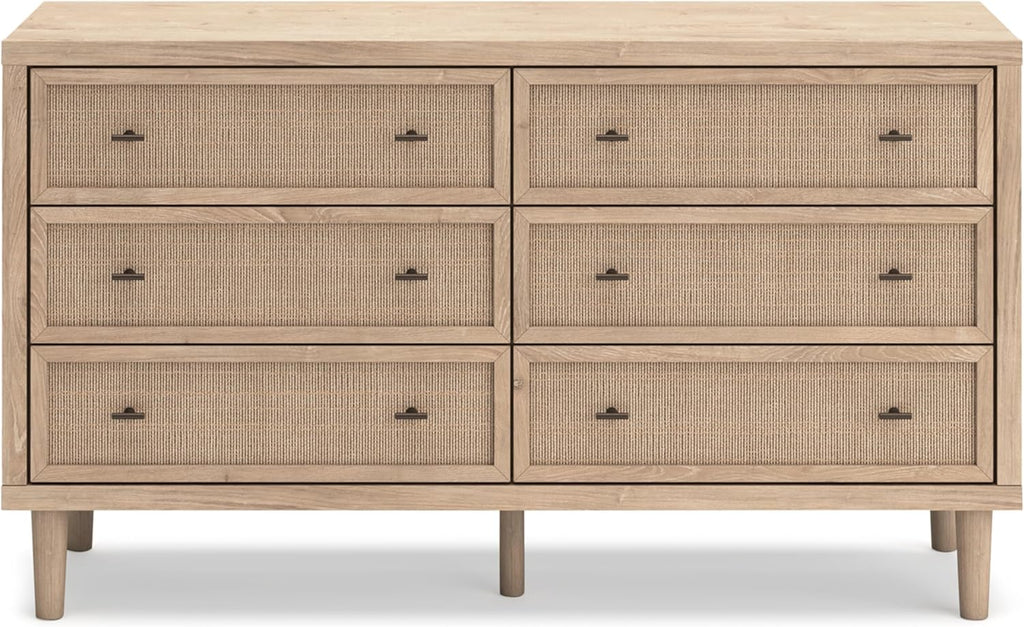 Signature Design by Ashley Cielden Coastal 6-Drawer Dresser, Bronze-Tone Knobs, Safety Stop, Textured Cane Details, 62.01" W x 19.65" D x 35.67" H, Light Brown