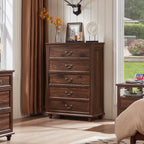 Farmhouse 5 Drawer Dresser for Bedroom, 45" Tall Rustic Chests of Drawers w/ 4 Solid Wood Feet, Mid Century Modern Wooden Closet Storage Dressers Organizer for Living Room, Hallway, Brown