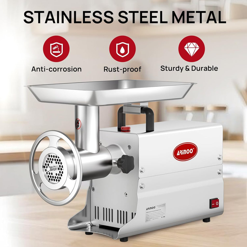 Commercial Electric Meat Grinder #22, 1.2HP Heavy Duty Stainless Steel Meat Mincer with 2 Blades, 2 Plates & 3 Stuffing Tubes,Sausage Stuffer Machine for Home Kitchen & Restaurant Use