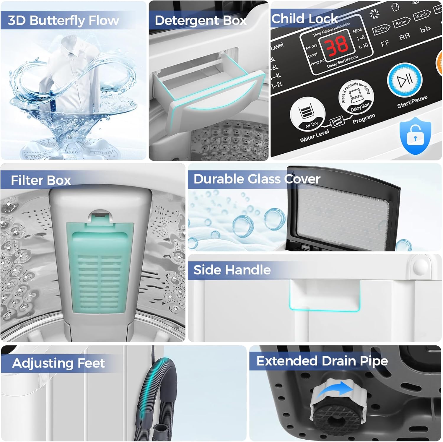 Nictemaw Portable Washing Machine 20Lbs Portable Washer Machine with 10 Programs 8 Water Levels, 2.8 Cu.ft Washer and Dryer Combo with Drain Pump, Compact Laundry Machine for Apartments- Glass Cover