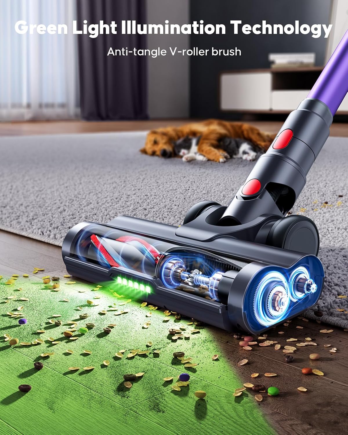 Cordless Vacuum Cleaner, 50KPa 600W Powerful Stick Vacuum for Home, 65Mins Runtime, 1.8L XL Dust Cup One-Touch Empty, Green LED Anti-Tangle Brush & Fragrance, for Pet Hair Carpet Hard Floor