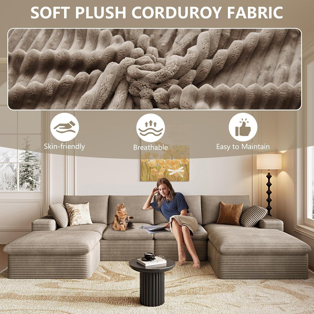 136" Cloud Couch Modular Sectional Couchs with Chaise Lounge, U-Shape Boneless Couches with Ottoman for Living Room, Corduroy Sofa with Deep Seat, No Assembly Required (Camel, Right Facing Chaise)