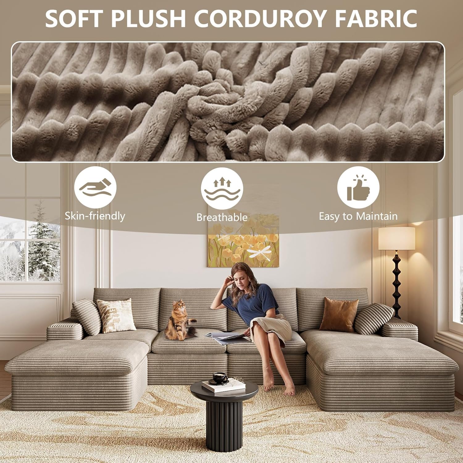 136" Cloud Couch Modular Sectional Couchs with Chaise Lounge, U-Shape Boneless Couches with Ottoman for Living Room, Corduroy Sofa with Deep Seat, No Assembly Required (Camel, Right Facing Chaise)