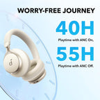 Soundcore by Anker, Space One, Active Noise Cancelling Headphones, 2X Stronger Voice Reduction, 40H ANC Playtime, App Control, LDAC Hi-Res Audio, Comfortable Fit, Clear Calls, Bluetooth 5.3 (White)