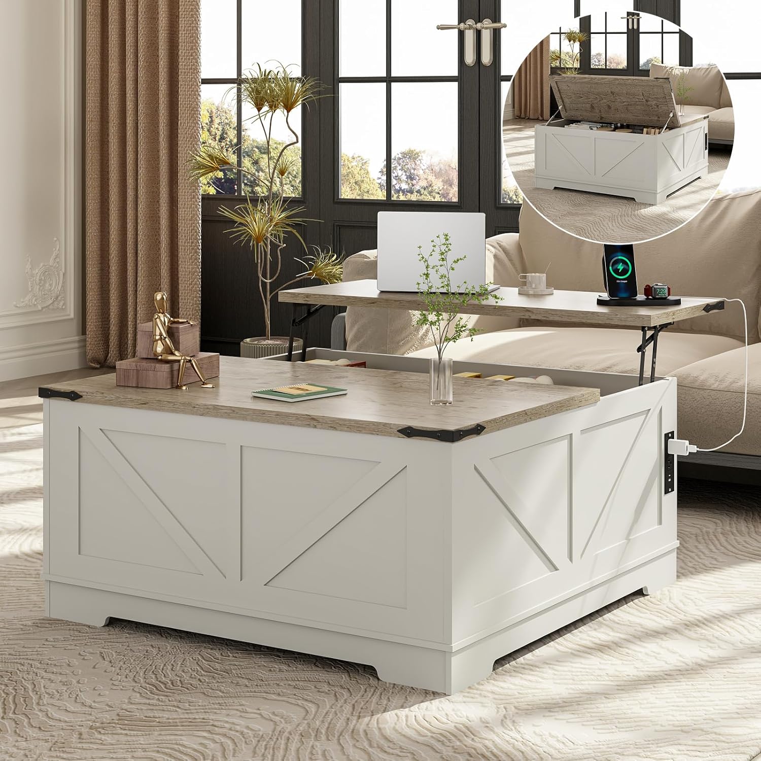 EAG 40" Large Farmhouse Lift Top Coffee Table with Hidden Compartment & Power Outlets, Square Wooden Coffee Table with Multi-Function Flip-Top Ample Storage Center Table for Living Room, White