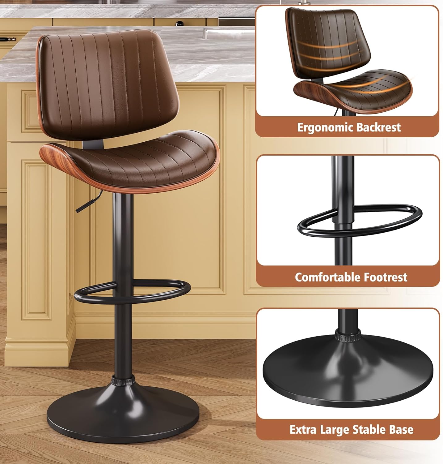 Swivel Bar Stools Set of 3, Bar Stools for Kitchen Island with Bentwood Back and Leather Seat, Counter Height Barstools for Kitchen Counter, Bar, Brown