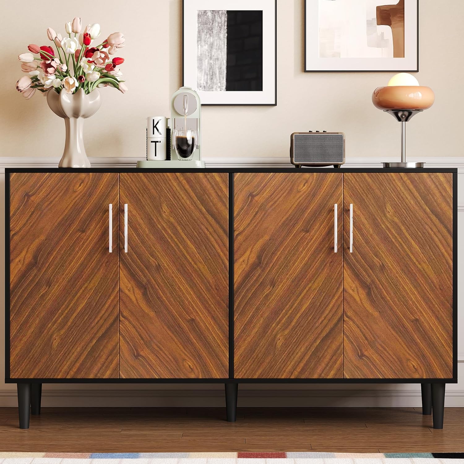 4 EVER WINNER 58" Buffet Cabinet with Storage, Coffee Bar Cabinet with 4 Large Doors, Storage Cabinet with Adjustable Shelves for Living Room, Kitchen, Black