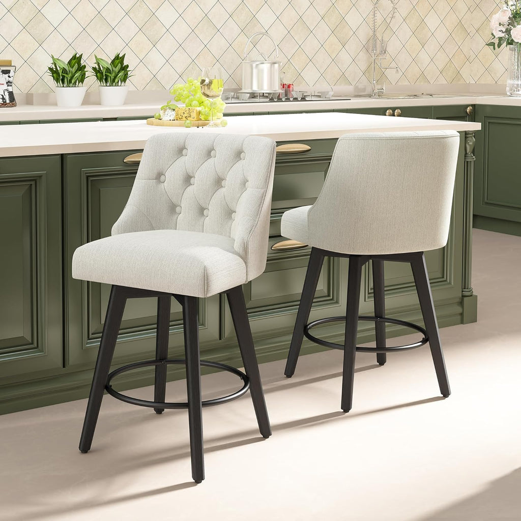 Counter Height Bar Stools Set of 2, Modern Swivel Barstools with Back and Wood Legs, Linen Fabric Upholstered Counter Height Stools, 26" H Kitchen Island Stools, Home Bar, Pub, Ivory
