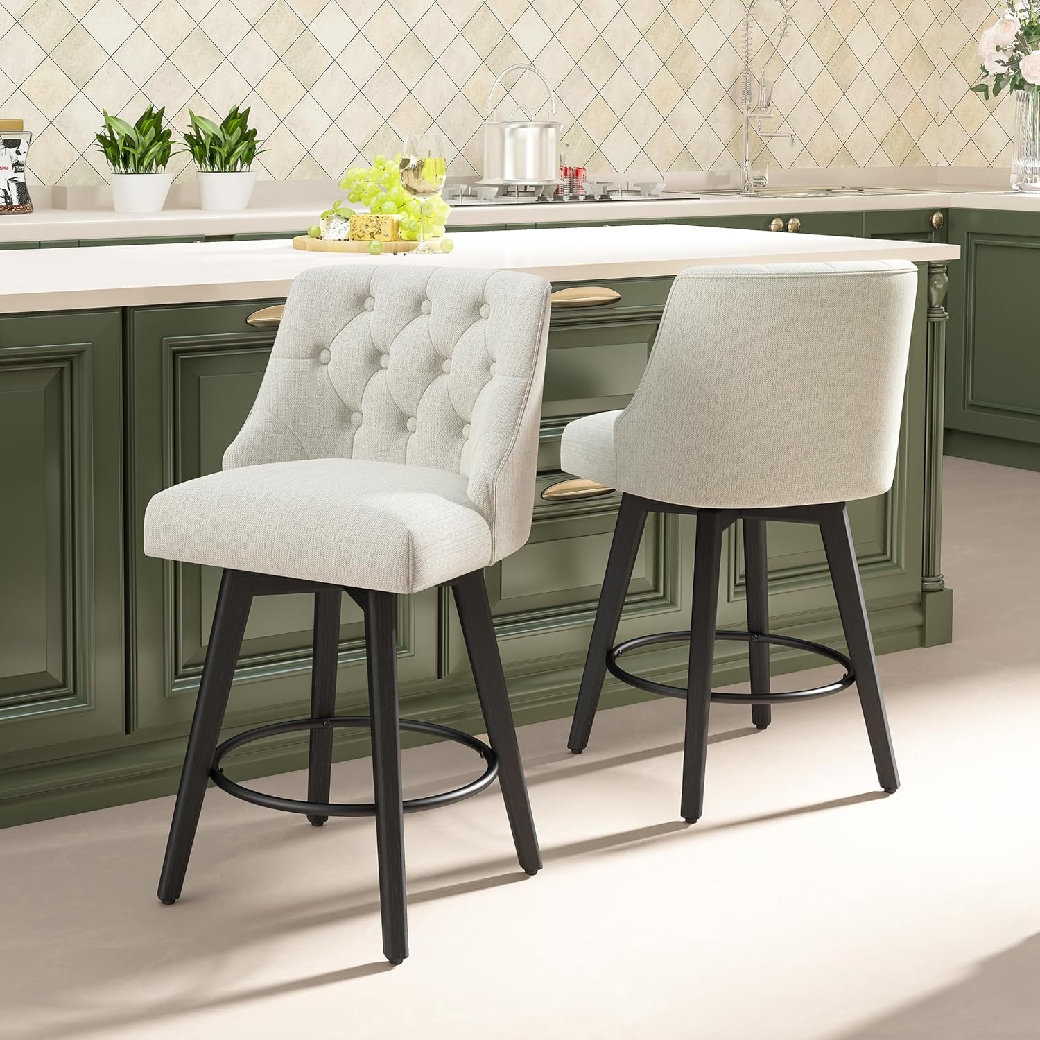 Counter Height Bar Stools Set of 2, Modern Swivel Barstools with Back and Wood Legs, Linen Fabric Upholstered Counter Height Stools, 26" H Kitchen Island Stools, Home Bar, Pub, Ivory