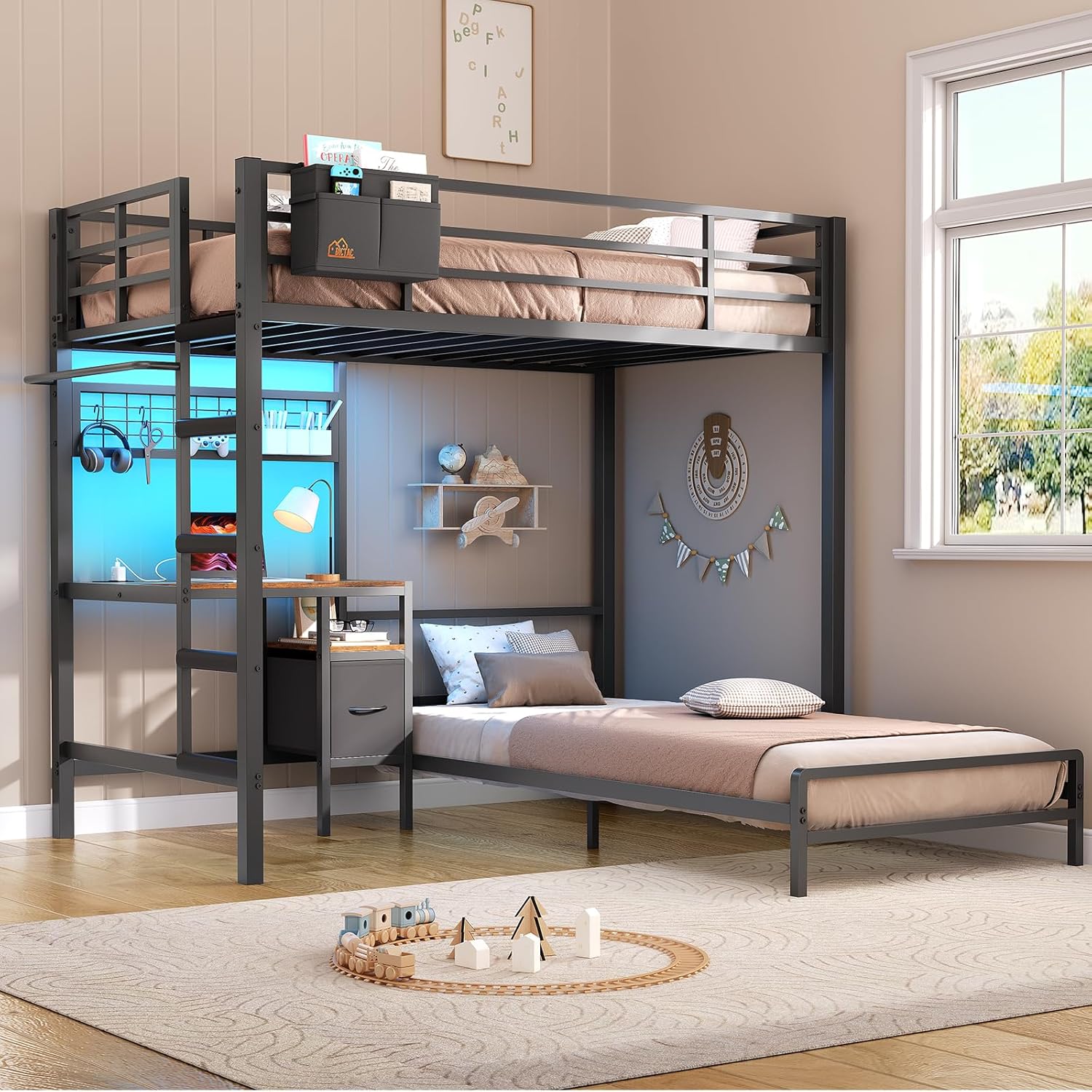 DICTAC Bunk Bed with Desk,Led Lights and Charging Station Twin Over Twin Bunk Beds with Storage Drawers and Shelves,Metal L-Shaped Kids bunk Bed with Safety Guardrail&Ladder,No Box Spring Needed,Black