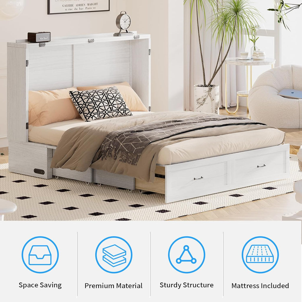 Mjkone Murphy Bed, Cabinet Beds Queen Size with Mattress Included, Built-in Charging Station and Drawer, 63" W Queen Cabinet Murphy Bed, Hidden Guest Beds for Living Room, Bedroom, Apartment, White