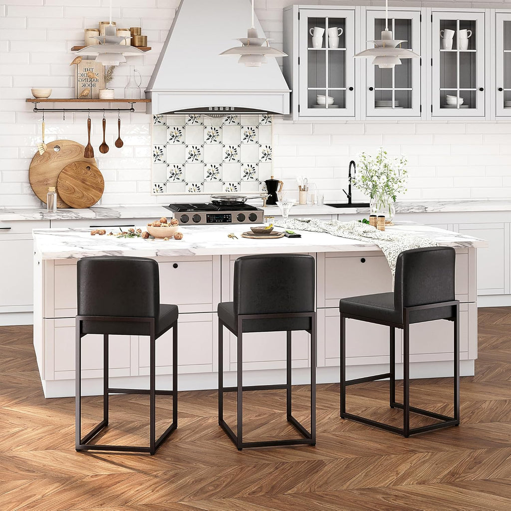 ALPHA HOME 24 Inch Bar Stools, Kitchen Counter Stools with Backs, Black Bar Stools Set of 4, PU Leather Barstools, Kitchen Stools with Back&Upholstered Footrest, Sturdy Chromed Metal Steel Frame