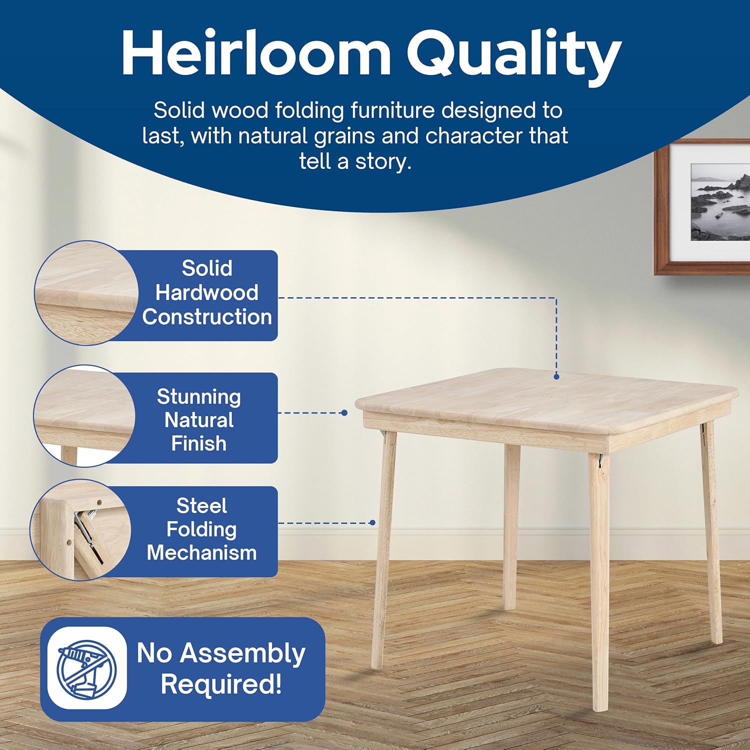 Stakmore Straight Edge Solid Wood Folding Card Table, Folds to Deep 3.38 Inches for Easy Storage, 29.5″H x 32″W x 32″D, Unfinished