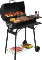 VINGLI Upgraded Barrel Charcoal Grill with Side Front Tables, Adjustable Charcoal Tray BBQ Grill Outdoor Smoker Grill with Wheels for Party Garden Patio and Backyard Cooking 39''D × 24''W × 46''H