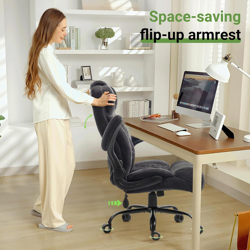 Office Chair, Big and Tall Executive Chairs with Lumbar Support for Back Pain, Breathable Fabric Desk Computer Chair with Adjustable Flip-up Armrests,Wide Cushion Swivel Home Office Chair Black,Black
