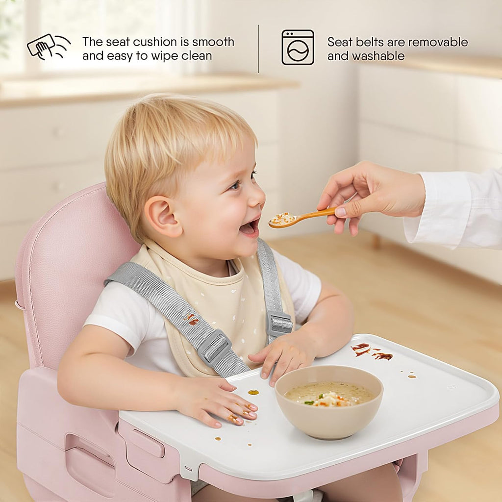Obee Odee 3-in-1 Portable Baby High Chair for Babies and Toddlers, Convertible Easy Clean Infant Foldable Highchair with Adjustable Legs & Dishwasher Safe Tray, Pink
